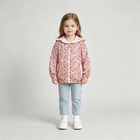 NEW RTS No moq milk silk GT1661 Baby Girls Flowers Bow Pumpkins Fall Zip Pockets Ruffle Hoodie Jackets Top