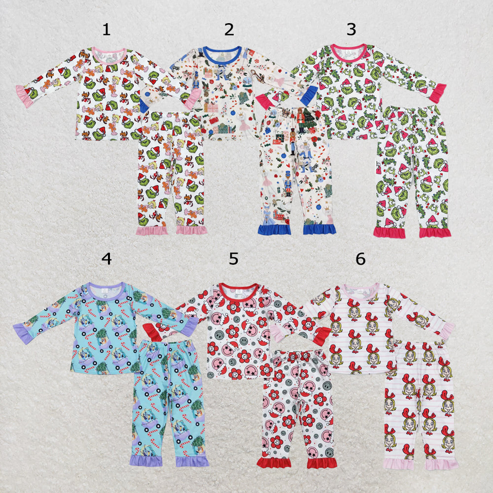 RTS NO MOQ Sibling milk silk Baby Girls Christmas Red Flowers Smile Print Top Pants Bamboo Pajamas Clothes Set