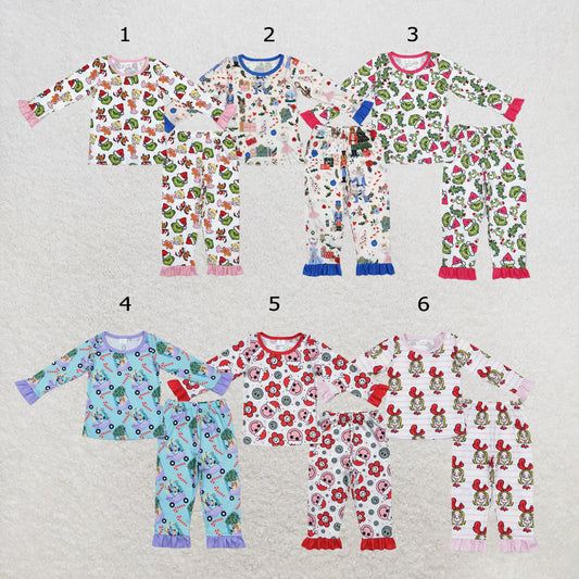 RTS NO MOQ Sibling milk silk Baby Girls Christmas Red Flowers Smile Print Top Pants Bamboo Pajamas Clothes Set