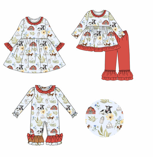 25.7.19 custom each style moq 5eta 4-6week Sibling Sisters farm animal baby girl long sleeve pants sets and dress and rompers match family design