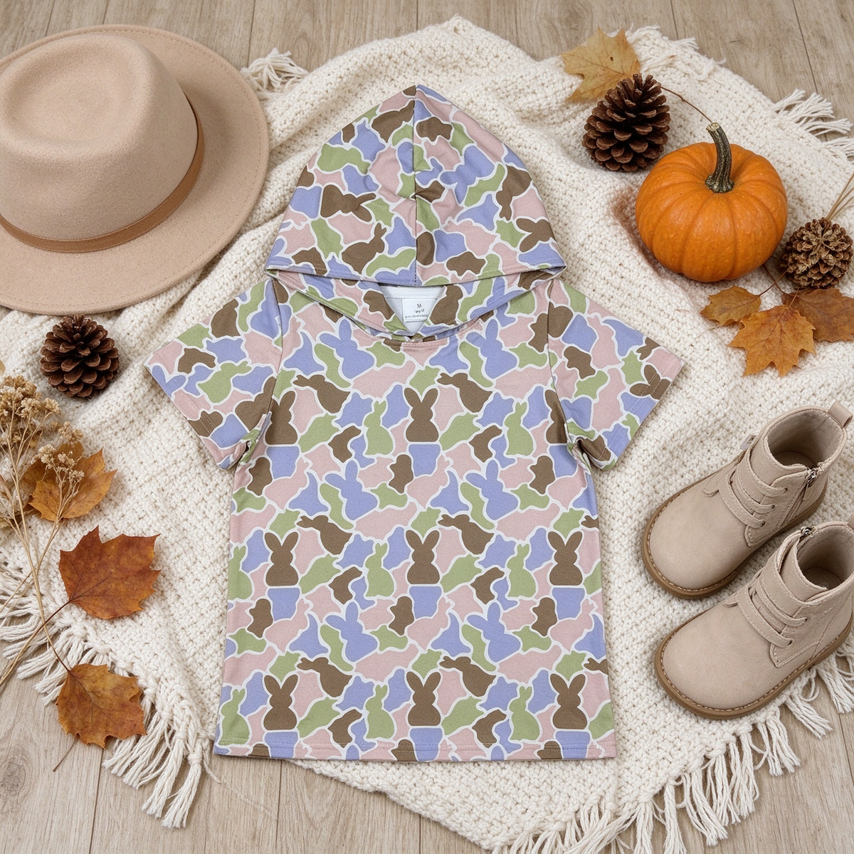 NEW RTS NO MOQ milk silk BT1964 Baby Girls Camo Rabbit Print Easter Short Sleeve Hoodies Top