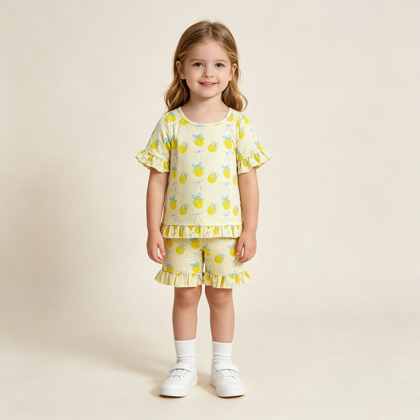 RTS NO MOQ milk silk GSSO3326 Baby Girls Bows Lemons Floral Top Elastic Waist Ruffle Shorts Sets