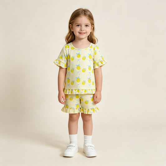 RTS NO MOQ milk silk GSSO3326 Baby Girls Bows Lemons Floral Top Elastic Waist Ruffle Shorts Sets