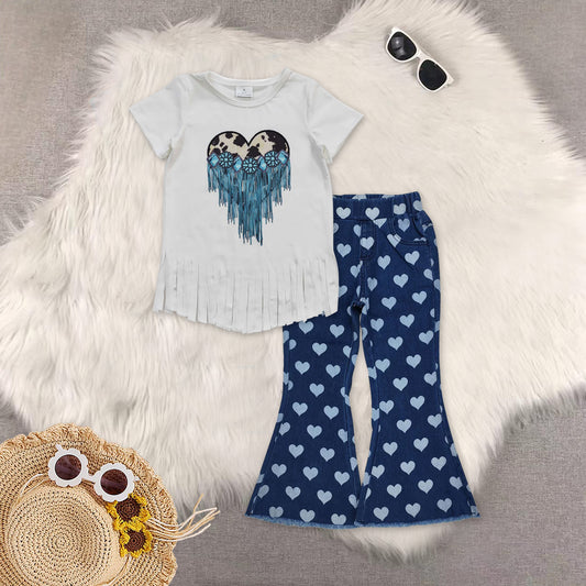 RTS NO MOQ（In Stock) baby girls clothes short-sleeved top demin pants set