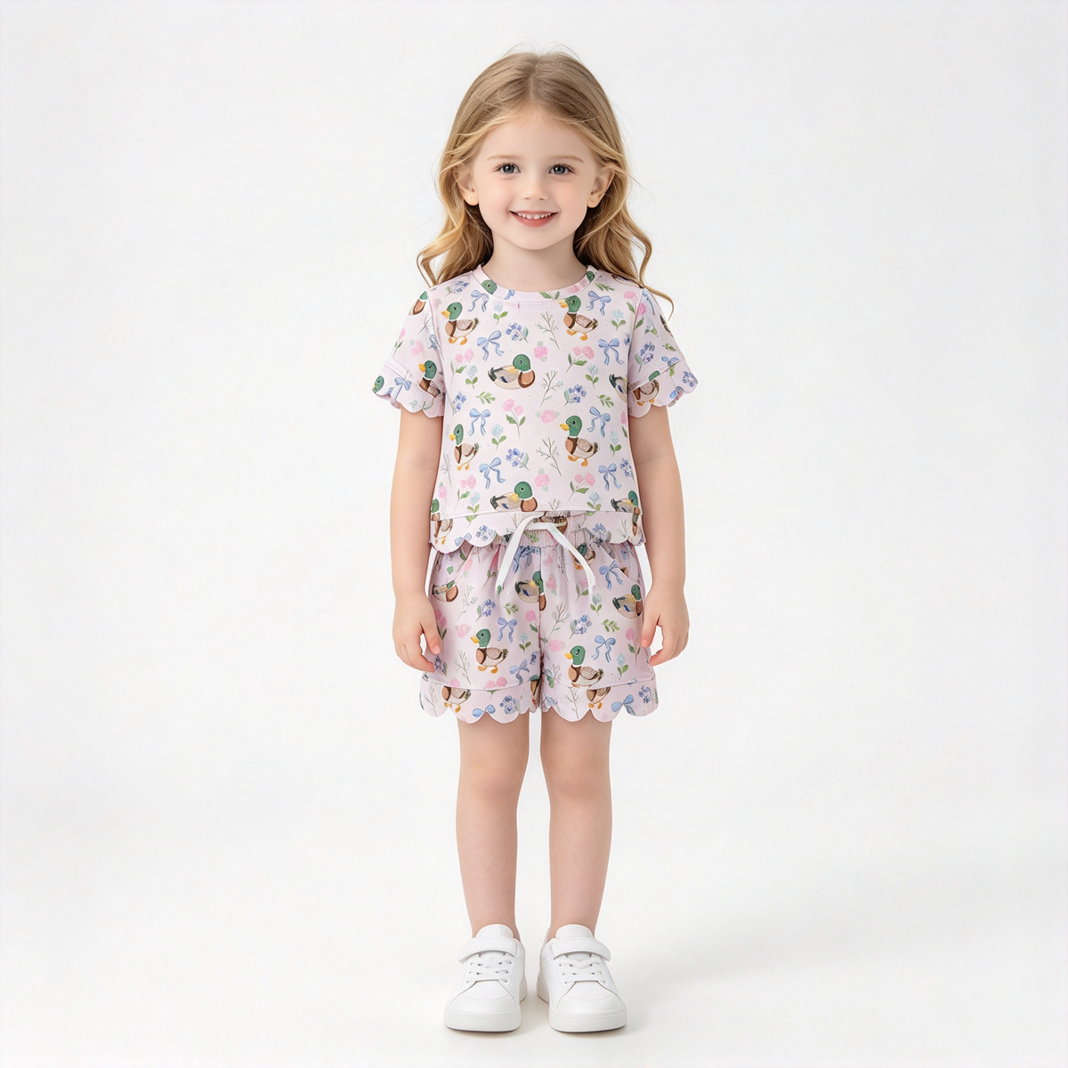 RTS NO MOQ Sibling milk silk Baby Girls Pink Mallard Duck Bow Print Outfit Zipper Ruffle Romper And Short Sleeve Scallop Set