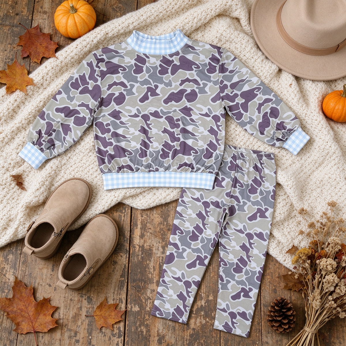 NEW RTS NO MOQ milk silk BLP1567（BT1922+P1191）High Neck Baby Boys Grey Camo Print Top And Leggings Pant Set