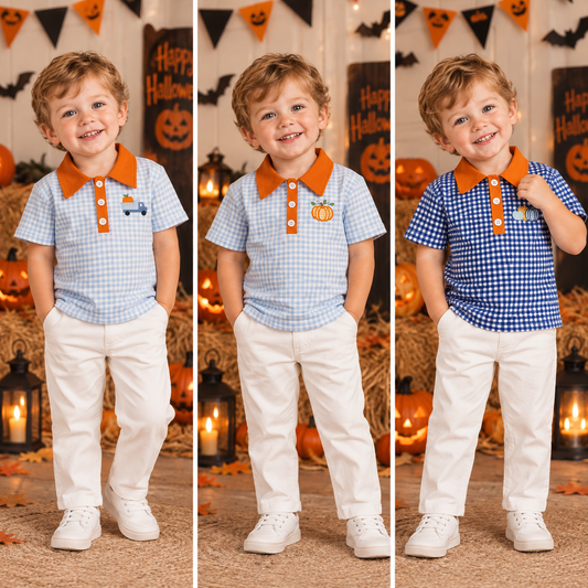 RTS NO MOQ Sibling milk silk Polos For Kids Baby Boys Pumpkin Print Plaid Button Short Sleeve Casual Top