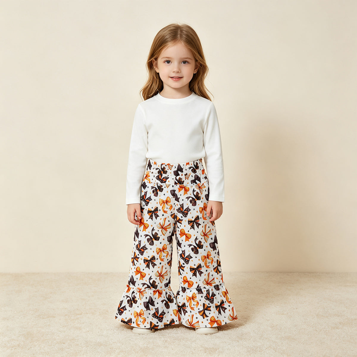 NEW RTS NO MOQ milk silk P1068 Baby Girls Black Orange Bows Stars Bell Bottom Pants Halloween Cute Bottom