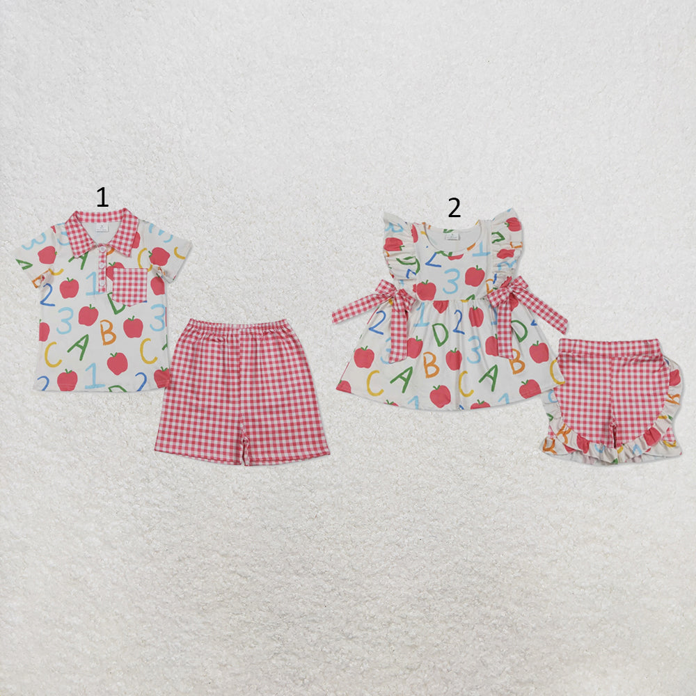RTS NO MOQ Sibling milk silk Baby Girls Boys Apples ABC Print Top Checked Elastic Waist Shorts Back To School Clothes Set(2T-14-16T）