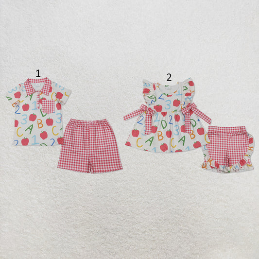 RTS NO MOQ Sibling milk silk Baby Girls Boys Apples ABC Print Top Checked Elastic Waist Shorts Back To School Clothes Set(2T-14-16T）