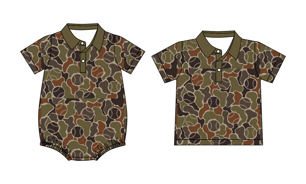 (Preorder new) No moq Baby Boys Baseball Camo Print Polo Romper Toddler Short Sleeve Camouflage Baseball Polo Shirt