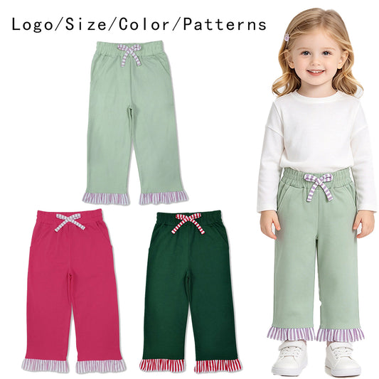 RTS NO MOQ Sibling cotton Baby Girls Solid Wide Leg Bottoms Stripe Ruffle Hem Pants