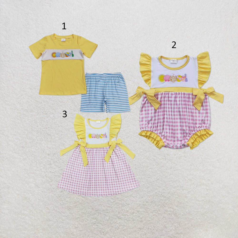 RTS NO MOQ Sibling milk silk Baby Girl Boys Beach Summer Top Shorts Two Piece Set Dress Rompers