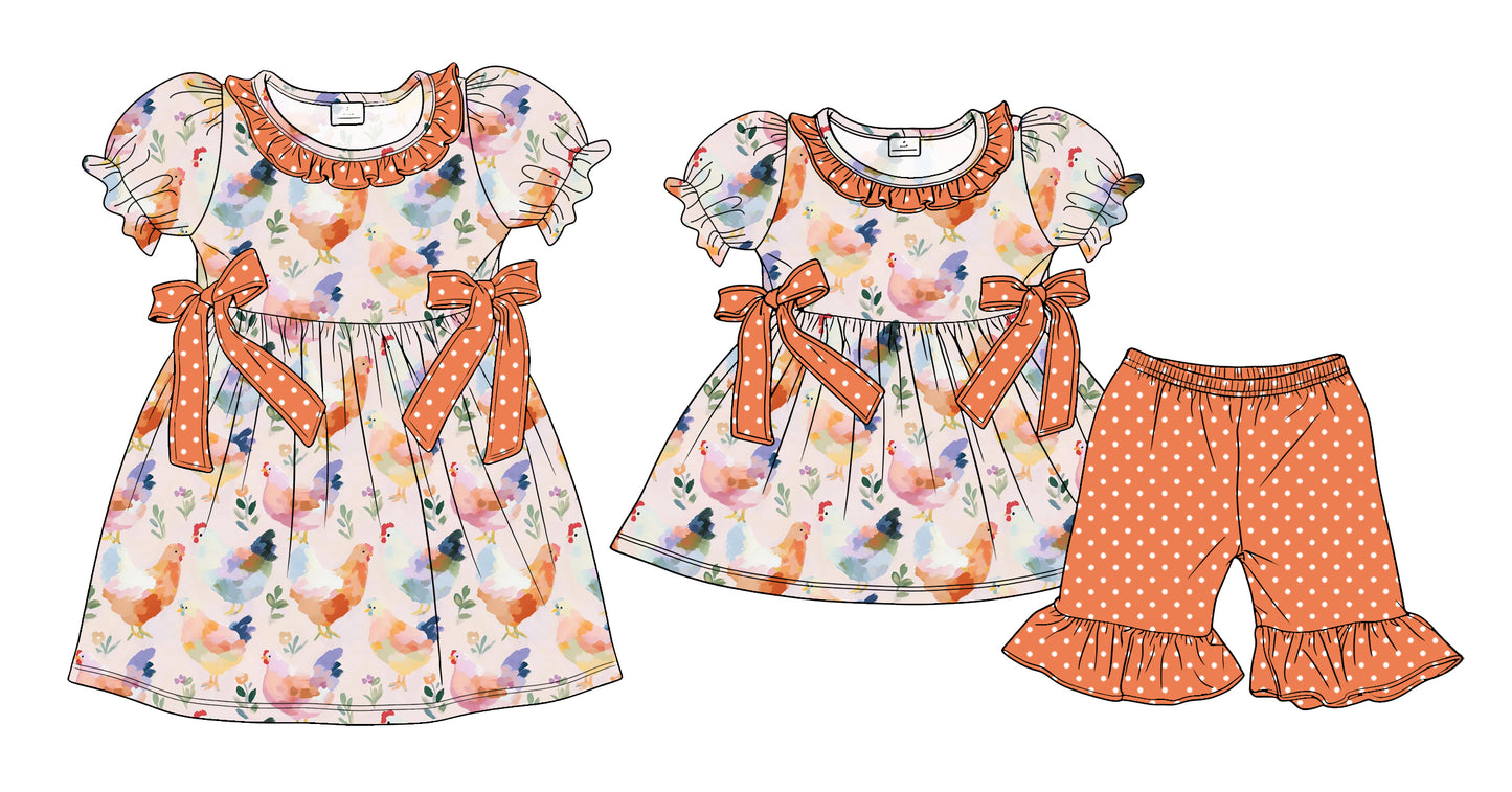 3.27  Custom moq 5 mix size Sibling Baby Girl's Orange Short-Sleeved Top with Bow And Short Set Cute Short-Sleeved Dress for Summer