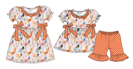 3.27  Custom moq 5 mix size Sibling Baby Girl's Orange Short-Sleeved Top with Bow And Short Set Cute Short-Sleeved Dress for Summer