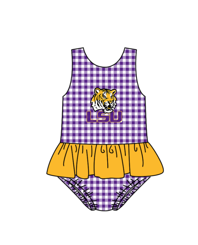 Custom moq 5 mix size milk silk summer teams Baby Girl Purple Stripe Two-Piece Swimsuit Set One Piece Swimsuits Boys Swim Trunks