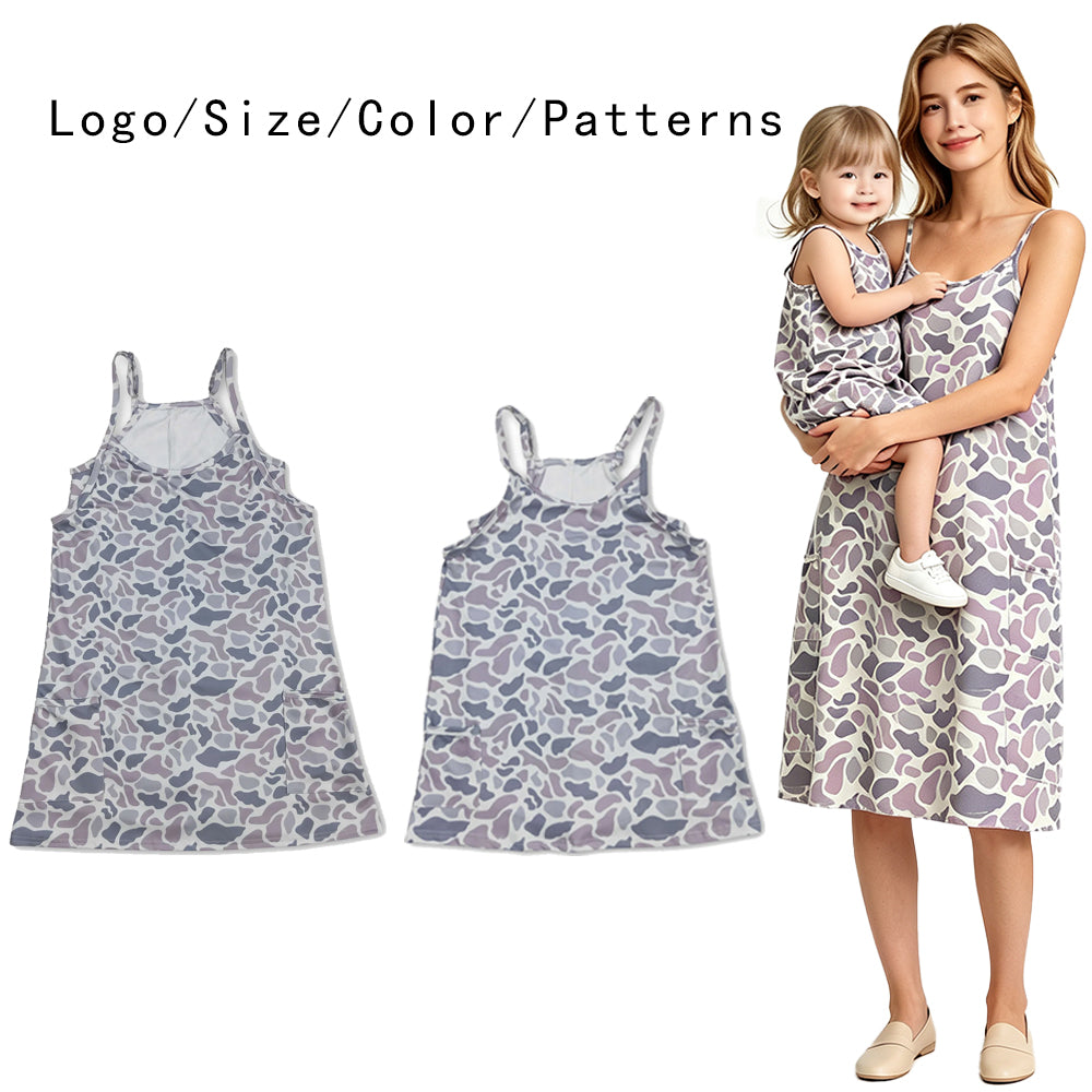 RTS NO MOQ Sibling milk silk Adult To Match Kids Strap Light Gray Camo Shorts Inside Pockets Yoga Dresses