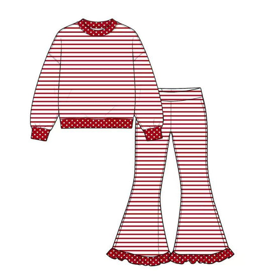 custom moq 5 mix size Baby Girls Red White Stripe Polka Dot Long Sleeve Top And Ruffle Bell Bottom Pants Fall Outfit Set