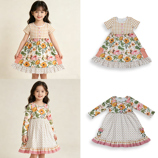 RTS NO MOQ Sibling Baby Girls Short Sleeve with Flowers Button Pockets Ruffle Knee-Length Dress