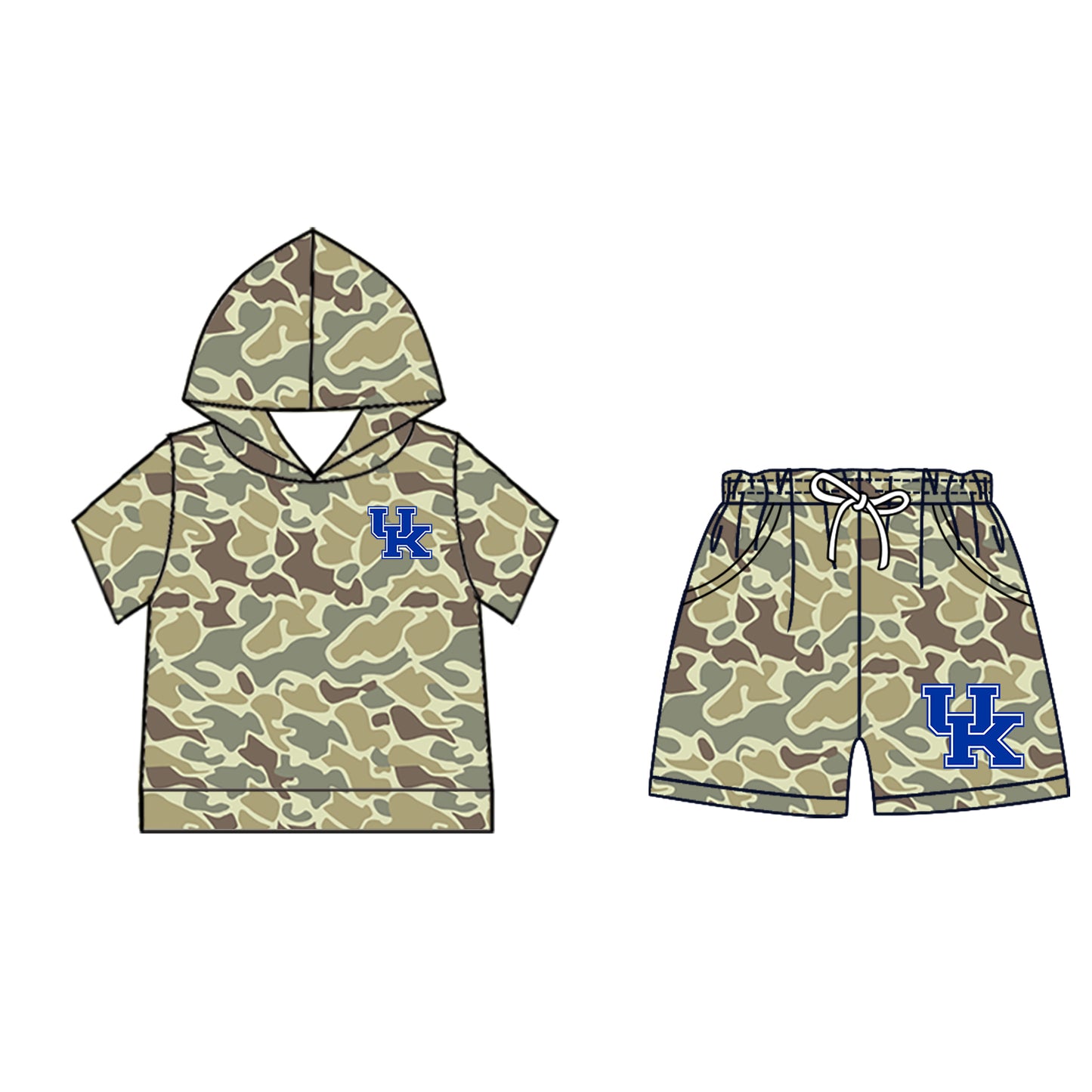Custom moq 5 mix size milk silk summer teams Baby Camo Hooded Short Sleeve Top and Shorts Set Ice Cream Drips Blue Hooded Top with Matching Shorts