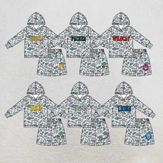 custom moq 5 mix size MSD072405 Baby Kids Grey Camo Long Sleeve Hoodie Top Camo Shorts Team Set
