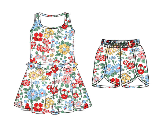 Custom moq 5 mix size Baby Girls Floral Print Sleeveless Dress with Elastic Waist Shorts