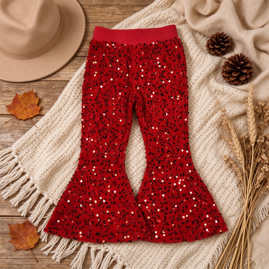 NEW RTS NO MOQ milk silk B4-11 Baby Girls Christmas Red Sequin Bell Bottom Pants For Holiday
