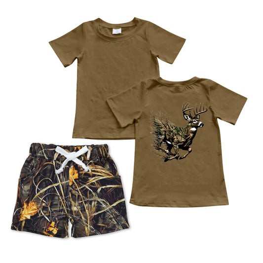 10.30 custom each style moq 5eta 4-6week baby kids clothes deer camouflage brown short sleeve shorts sets