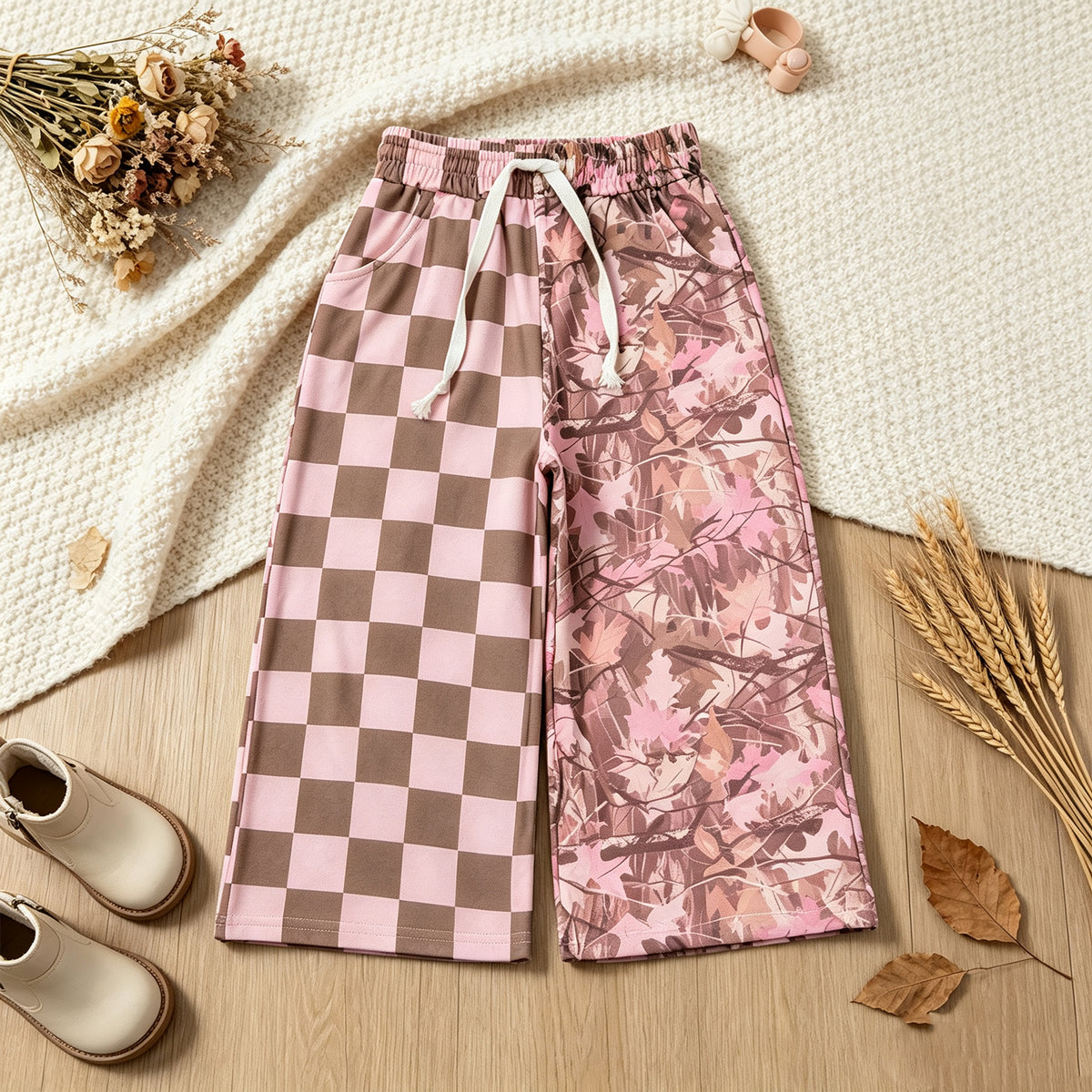 NEW RTS NO MOQ milk silk P1093 Baby Girls Pink Checked Leaves Pants Casual Bottom