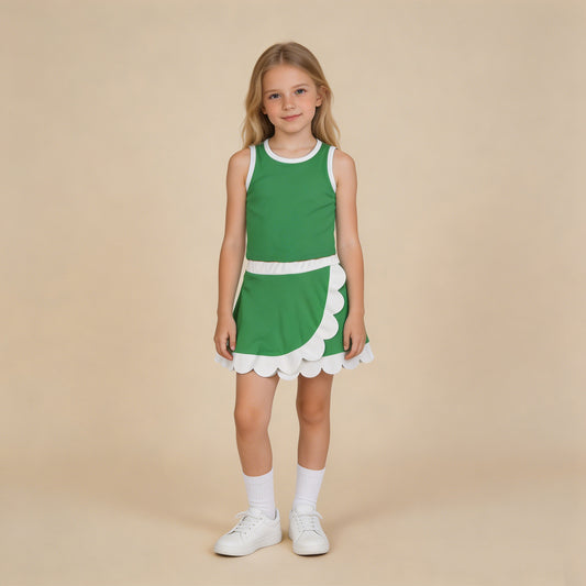 RTS NO MOQ yoga fabric cotton GSD4025 Girls Green Scallop Edge Sleeveless Vest Yoga Casual Outfit Set