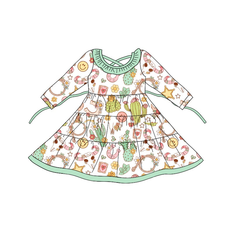 8.20 custom each style moq 5eta 4-6week baby girls clothes catcus smiley long sleeve dress