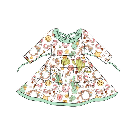 8.20 custom each style moq 5eta 4-6week baby girls clothes catcus smiley long sleeve dress