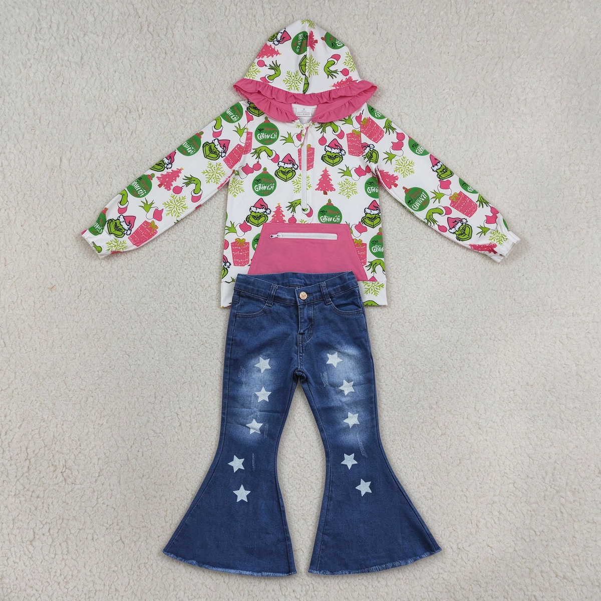 NEW RTS NO MOQ Denim GT1164+ P0127 Cute Clothes Baby Girls Christmas Print Ruffle Hoodie Zip Top Star Print Flare Bell Bottom Denim Jeans Set