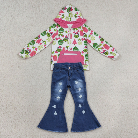 NEW RTS NO MOQ Denim GT1164+ P0127 Cute Clothes Baby Girls Christmas Print Ruffle Hoodie Zip Top Star Print Flare Bell Bottom Denim Jeans Set