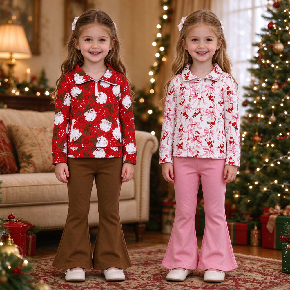 RTS NO MOQ Sibling milk silk Baby Girls Christmas Santa Print Half Zip Collar Top Solid Flare Pant Outfit Set