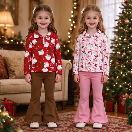 RTS NO MOQ Sibling milk silk Baby Girls Christmas Santa Print Half Zip Collar Top Solid Flare Pant Outfit Set
