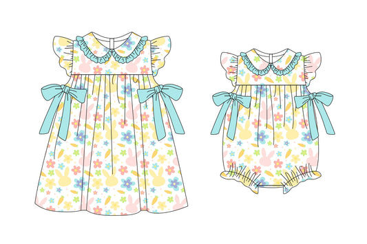 25.11.6 custom each style moq 5 eta 6-8week Sibling Sister easter bunny floral baby short sleeve romper and dress match design