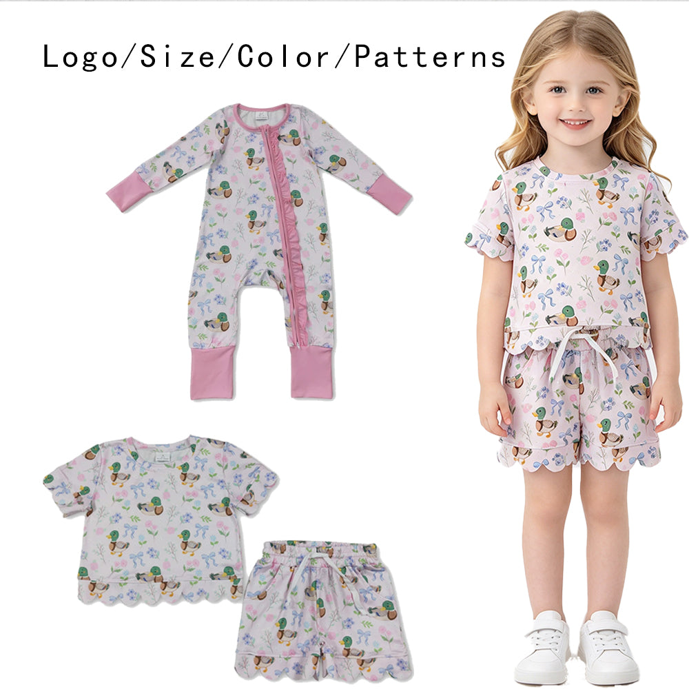 RTS NO MOQ Sibling milk silk Baby Girls Pink Mallard Duck Bow Print Outfit Zipper Ruffle Romper And Short Sleeve Scallop Set