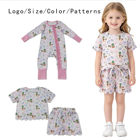 RTS NO MOQ Sibling milk silk Baby Girls Pink Mallard Duck Bow Print Outfit Zipper Ruffle Romper And Short Sleeve Scallop Set