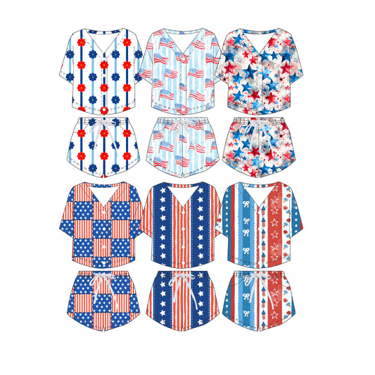 3.6 Custom moq 5 mix size Sibling Button-Down Top And Drawstring Shorts Set Short-Sleeved 4th of July Outfit for Kids