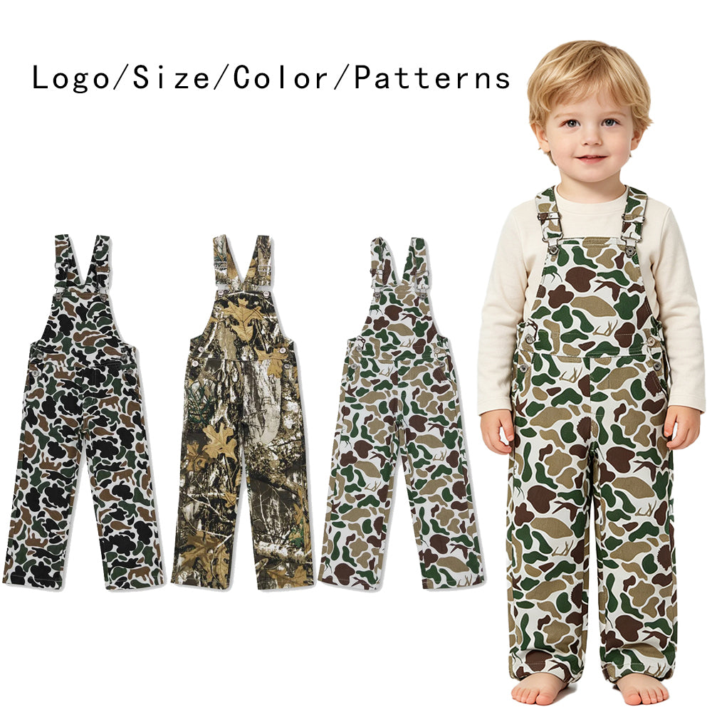 RTS NO MOQ Sibling Denim Baby Kids Duck Camo Adjustable Denim Strap jumpsuits Overall