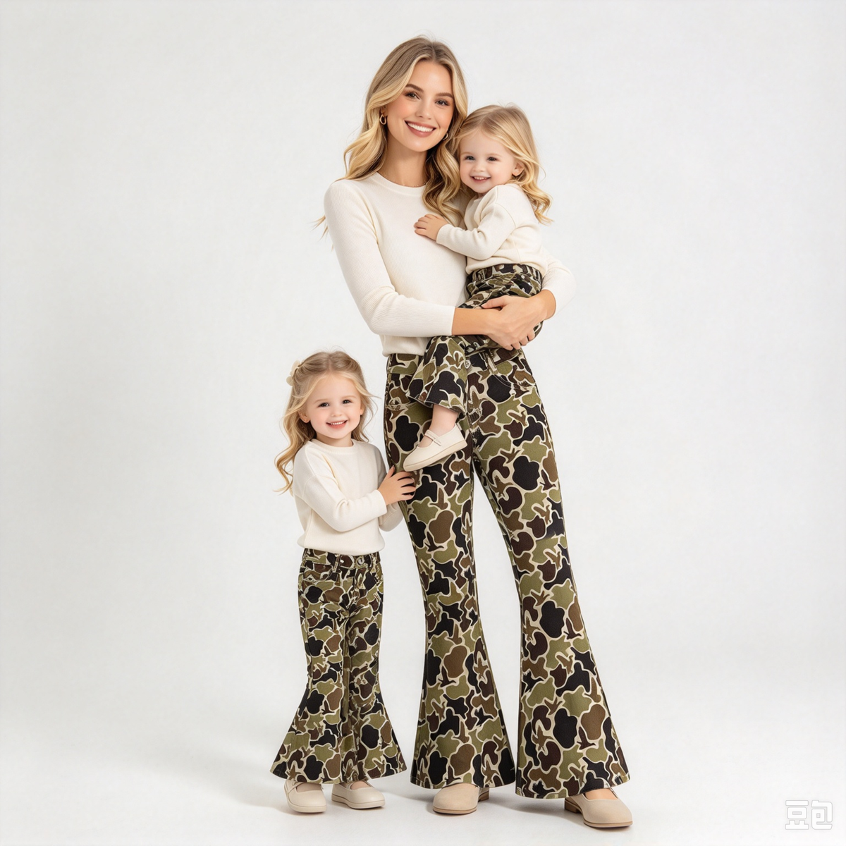 RTS NO MOQ Sibling Denim Adult To Match Kids Duck Camo Flare Bell Bottom Denim Pants