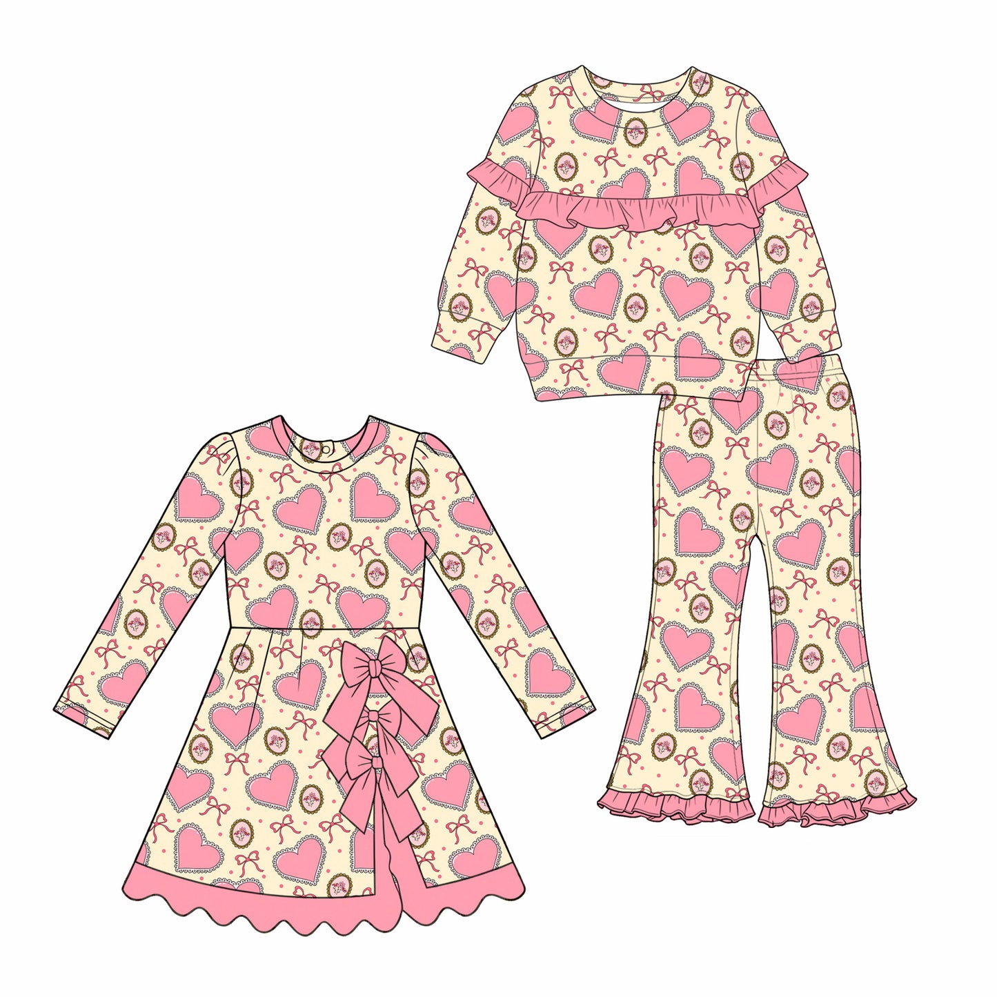 (Preorder new) No moq Baby Girls Pink Heart Bow Cameo Print Ruffle Long Sleeve Top Pants Set Dress