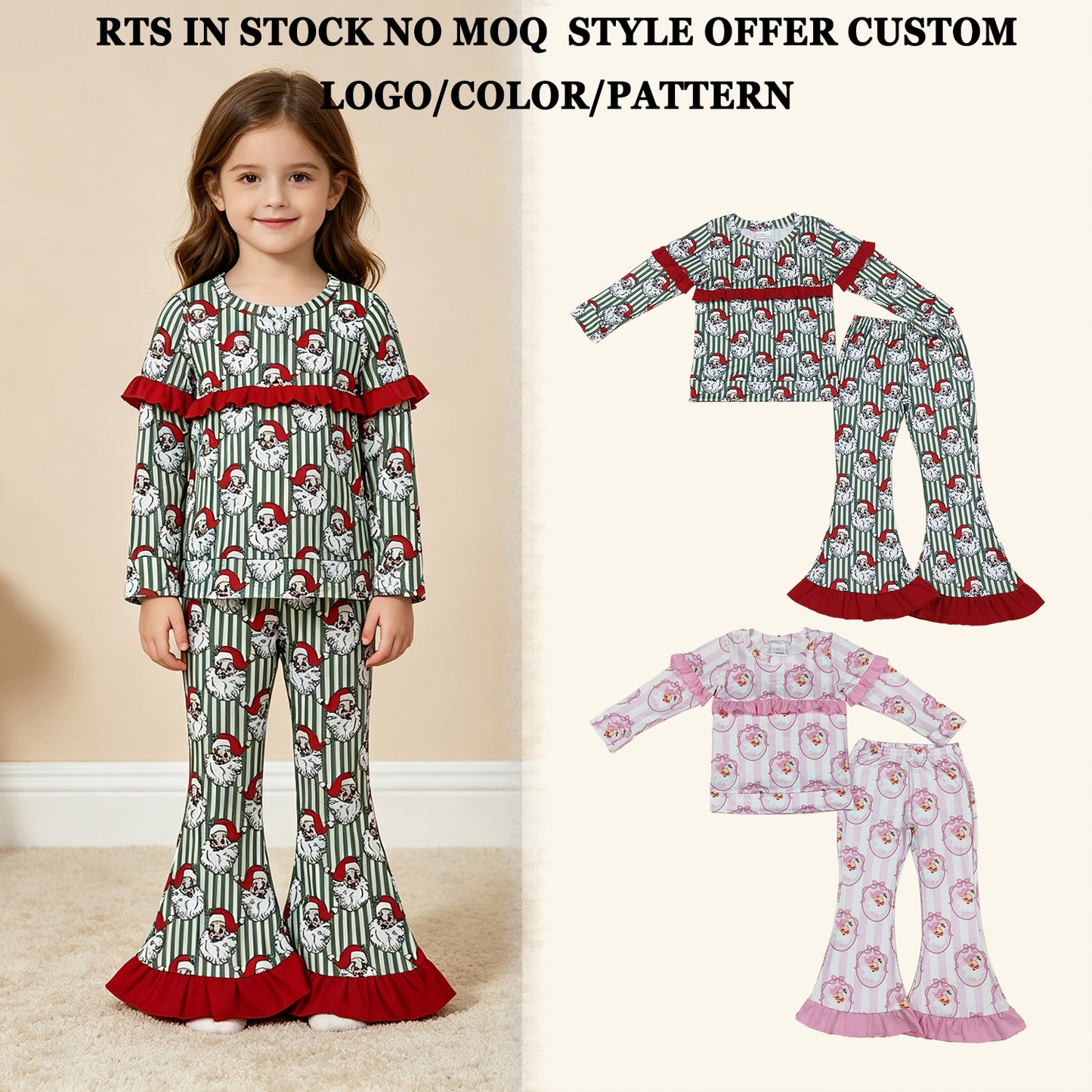 RTS NO MOQ Sibling milk silk Baby Girls Santa Stripe Top Bell Bottom Pant Christmas Clothes Sets Fall Winter Outfit