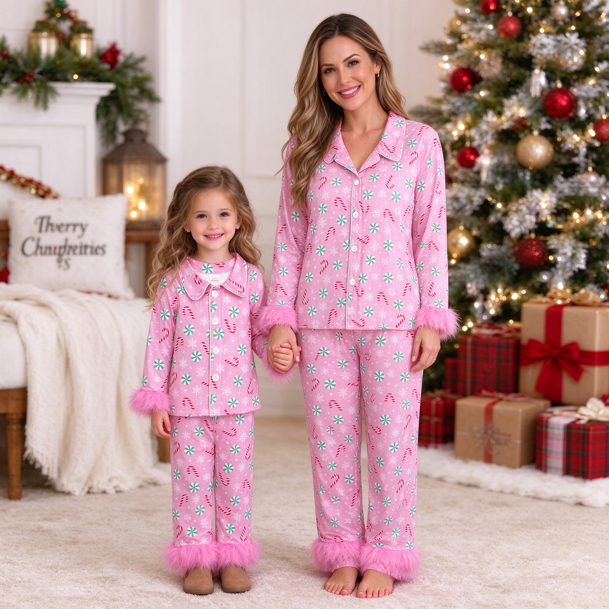 Mama and Me Pink Christmas Pajama Set - Candy Cane Cardigan with Fur Trim