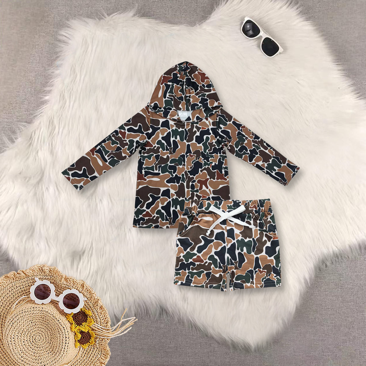 RTS NO MOQ Sibling baby boy clothes camouflage hooded long sleeved sets