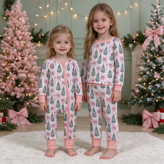 RTS NO MOQ Sibling milk silk Baby Girls Pink Bow Christmas Tree Candy Cane Print Long Sleeve Pajama Set Romper