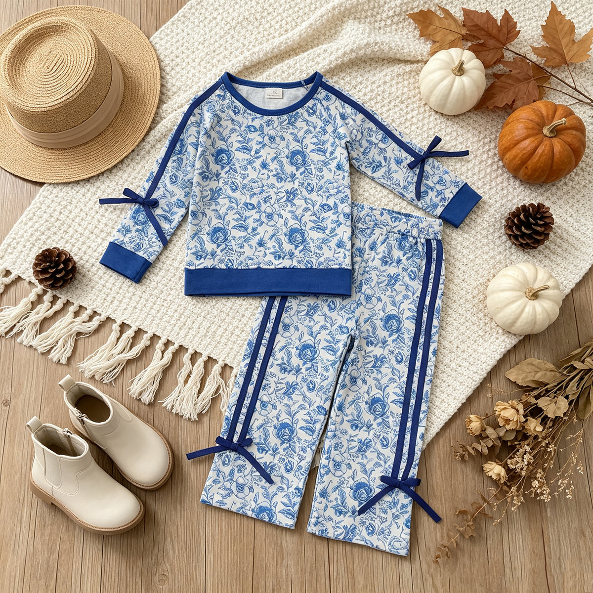 NEW RTS NO MOQ milk silk GLP3364 Baby Girls Blue Floral Print Long Sleeve Top Pockets Flare Pant Two Piece Fall Outfit Set
