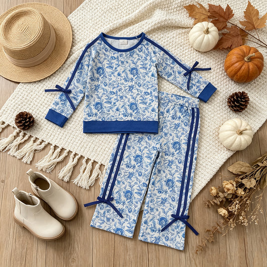 NEW RTS NO MOQ milk silk GLP3364 Baby Girls Blue Floral Print Long Sleeve Top Pockets Flare Pant Two Piece Fall Outfit Set