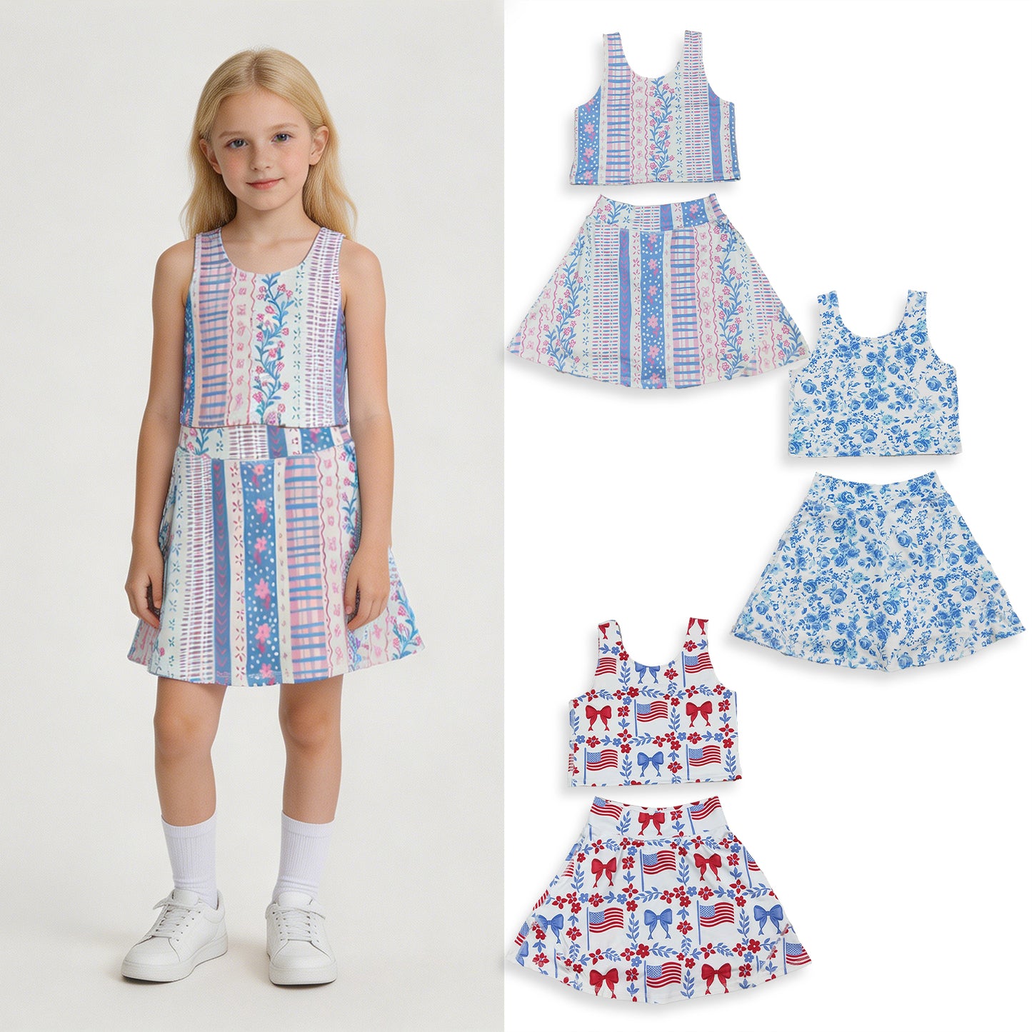 RTS NO MOQ Sibling yoga fabric Baby Girls Flower Print Sleeveless Vest Skort Yoga Summer Clothes Set